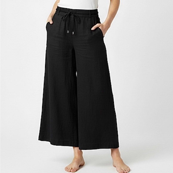 H by Halston Pants - H by Halston Linen Wide Leg Ankle Crop Pants in Black with Pockets S